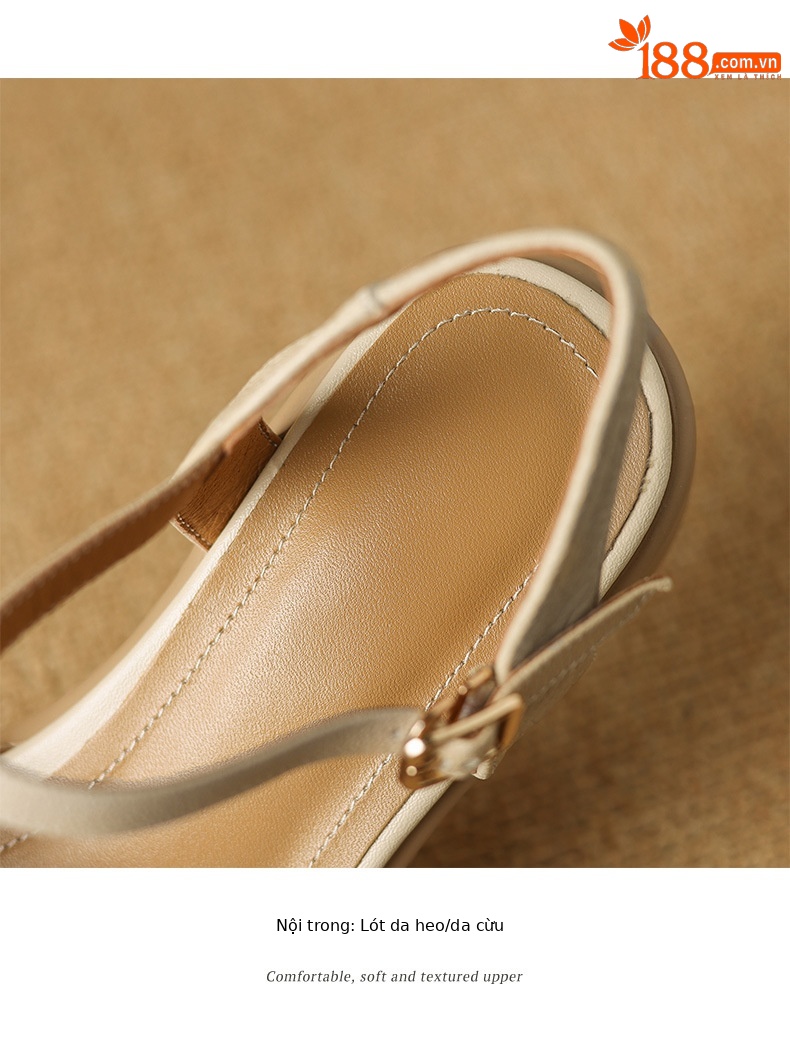 Sandal nữ quai ngang hở mũi da cừu đế dày gót thô 7 cm — Màu trắng be chi tiết 13