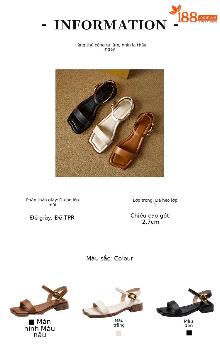 Sandal quai ngang hở mũi vuông đế bệt khóa đơn giản cỡ lớn 34–43 — Màu nâu chi tiết 3