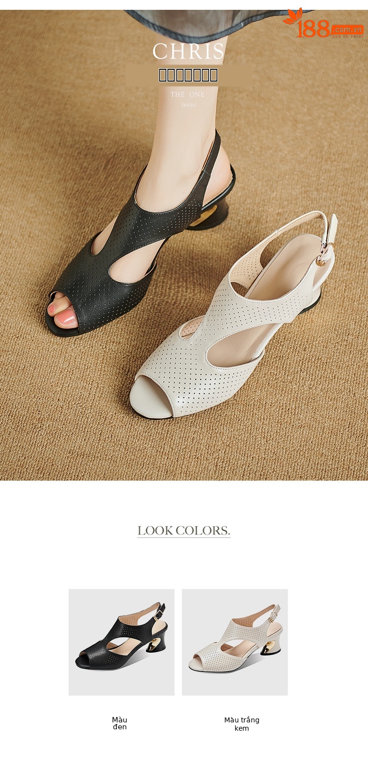 Sandal nữ quai ngang khóa da bò lớp 1 gót vuông hở mũi hở gót — Màu đen chi tiết 4