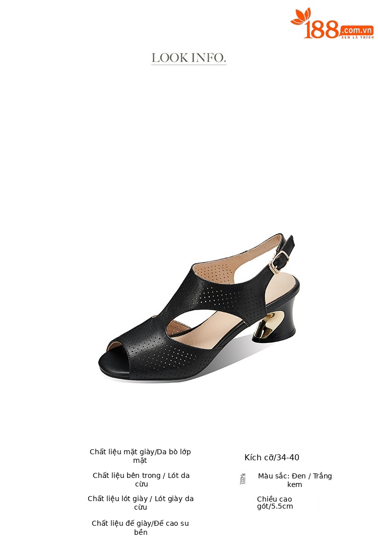 Sandal nữ quai ngang khóa da bò lớp 1 gót vuông hở mũi hở gót — Màu đen chi tiết 2