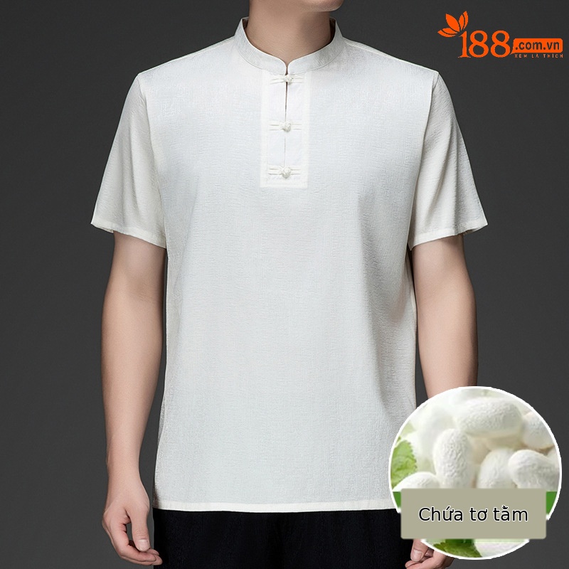 Bộ đồ nam ngắn tay lụa tơ tằm cổ đứng phong cách nhà Đường — Áo Đen 833-7