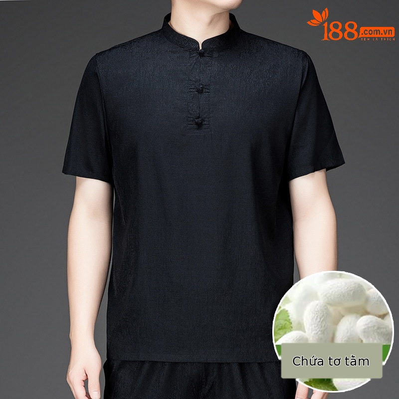Bộ đồ nam ngắn tay lụa tơ tằm cổ đứng phong cách nhà Đường — Áo Đen 833-7
