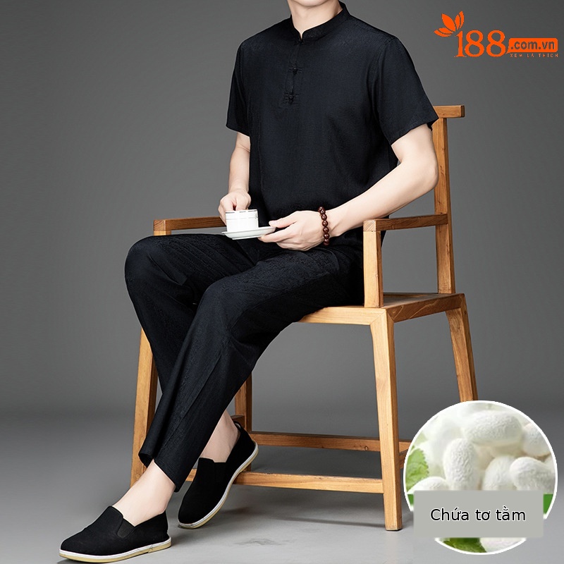 Bộ đồ nam ngắn tay lụa tơ tằm cổ đứng phong cách nhà Đường — Áo Đen 833-7