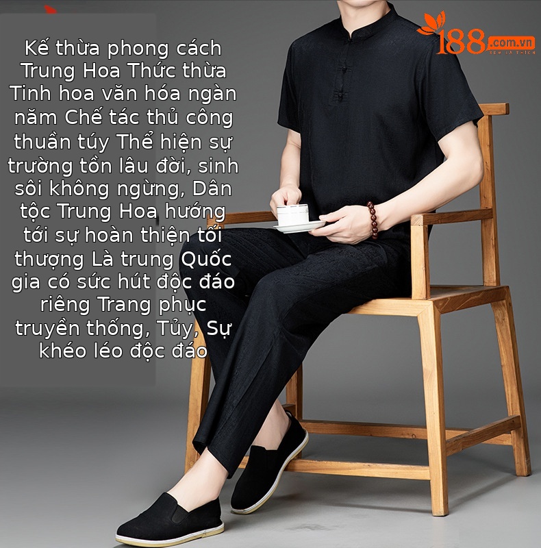 Bộ đồ nam ngắn tay lụa tơ tằm cổ đứng phong cách nhà Đường — Áo Đen 833-7 chi tiết 1
