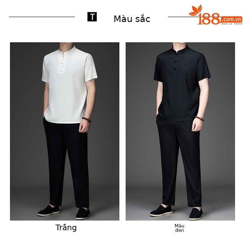 Bộ đồ nam ngắn tay lụa tơ tằm cổ đứng phong cách nhà Đường — Áo Đen 833-7 chi tiết 4