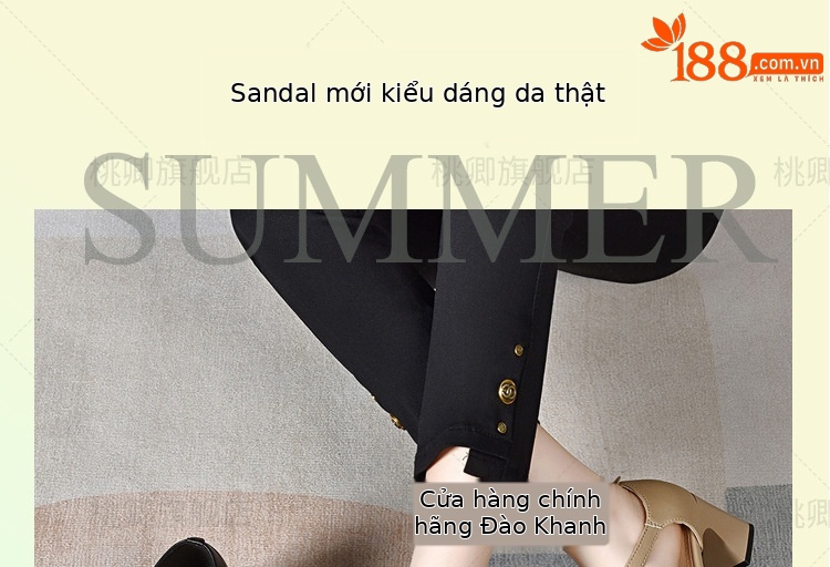 Sandal da thật nữ quai ngang hở mũi gót vuông 5 cm phối váy — Màu đen chi tiết 1