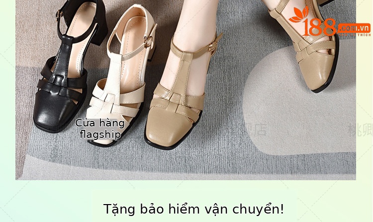 Sandal da thật nữ quai ngang hở mũi gót vuông 5 cm phối váy — Màu đen chi tiết 2