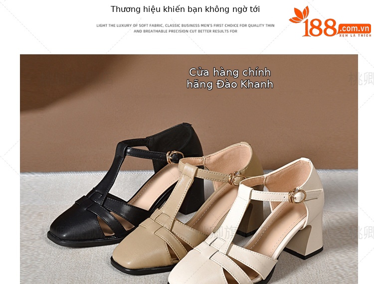 Sandal da thật nữ quai ngang hở mũi gót vuông 5 cm phối váy — Màu đen chi tiết 5