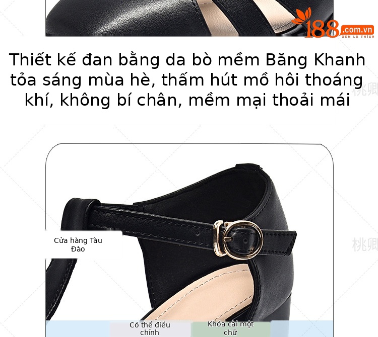 Sandal da thật nữ quai ngang hở mũi gót vuông 5 cm phối váy — Màu đen chi tiết 9