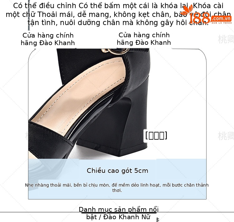 Sandal da thật nữ quai ngang hở mũi gót vuông 5 cm phối váy — Màu đen chi tiết 10