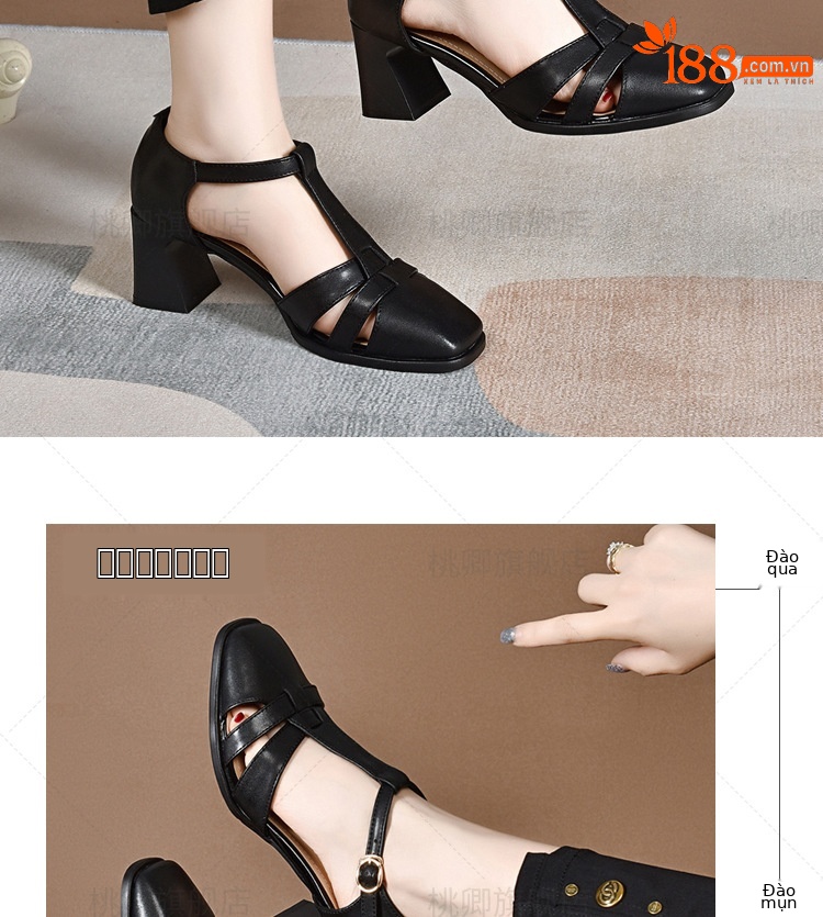 Sandal da thật nữ quai ngang hở mũi gót vuông 5 cm phối váy — Màu đen chi tiết 12