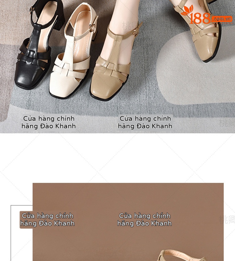Sandal da thật nữ quai ngang hở mũi gót vuông 5 cm phối váy — Màu đen chi tiết 14