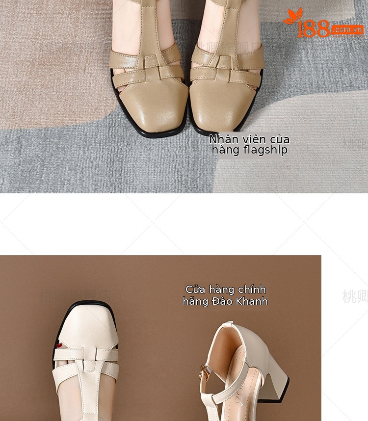 Sandal da thật nữ quai ngang hở mũi gót vuông 5 cm phối váy — Màu đen chi tiết 16