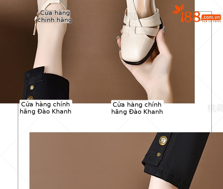 Sandal da thật nữ quai ngang hở mũi gót vuông 5 cm phối váy — Màu đen chi tiết 17
