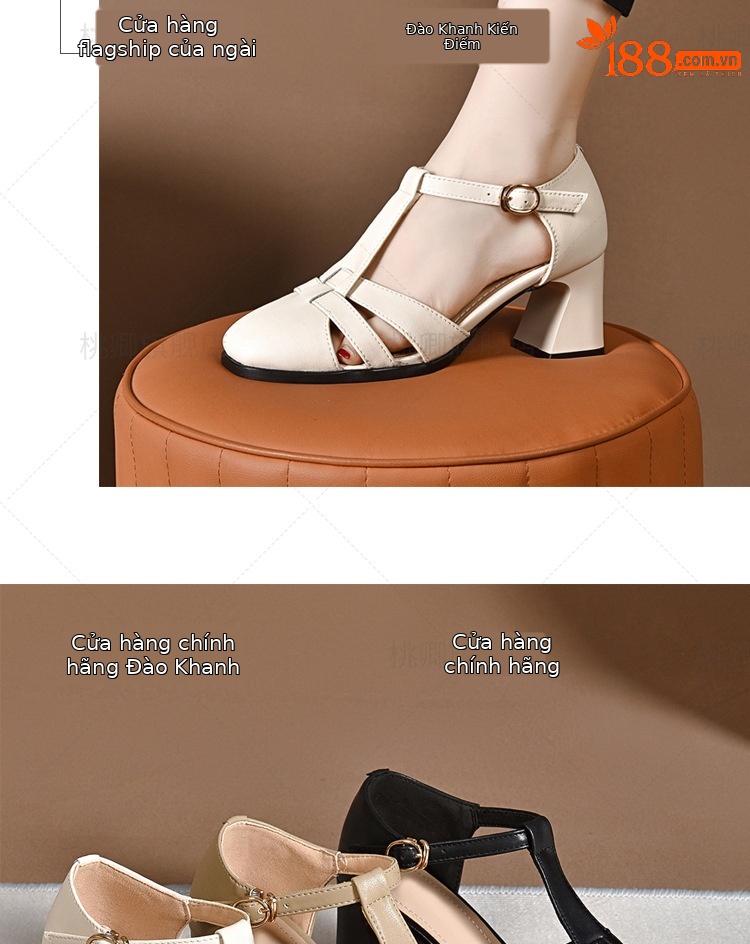 Sandal da thật nữ quai ngang hở mũi gót vuông 5 cm phối váy — Màu đen chi tiết 18