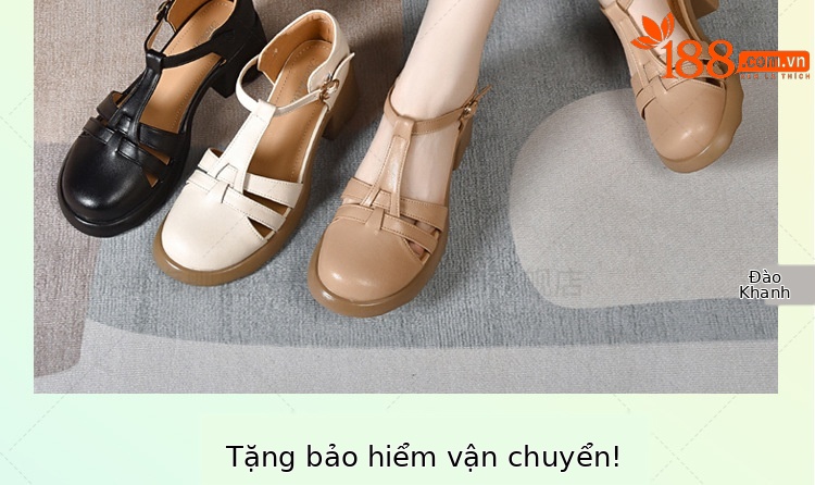 Dép sandal nữ da thật mũi kín quai ngang gót vuông đế dày — Màu đen chi tiết 2