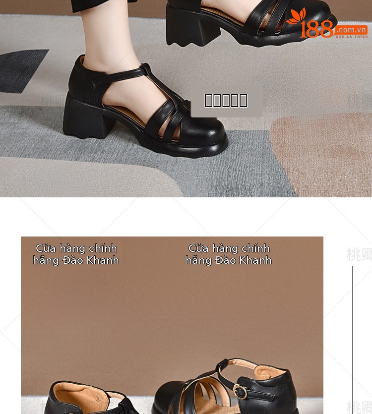 Dép sandal nữ da thật mũi kín quai ngang gót vuông đế dày — Màu đen chi tiết 12