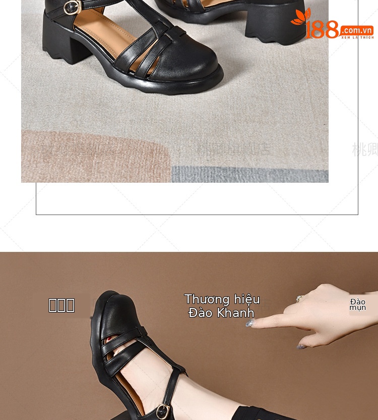 Dép sandal nữ da thật mũi kín quai ngang gót vuông đế dày — Màu đen chi tiết 13