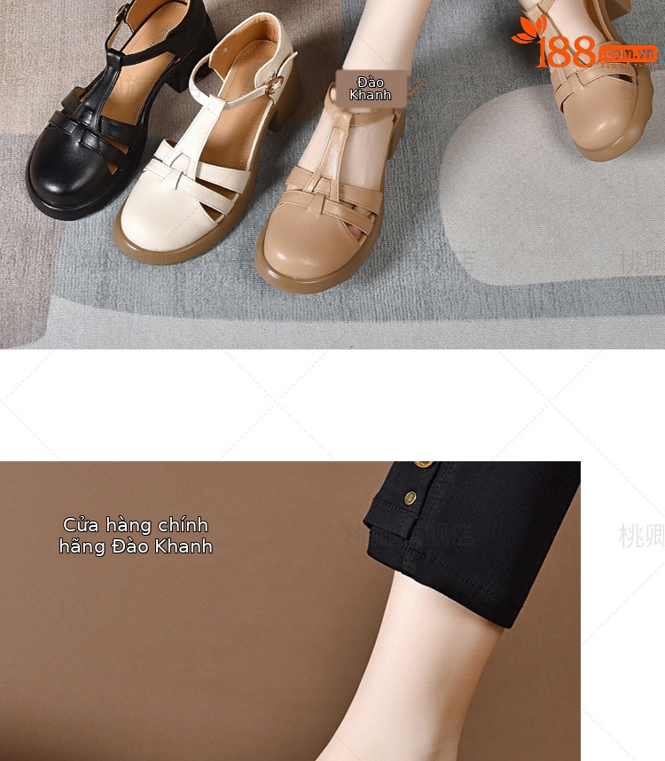Dép sandal nữ da thật mũi kín quai ngang gót vuông đế dày — Màu đen chi tiết 16