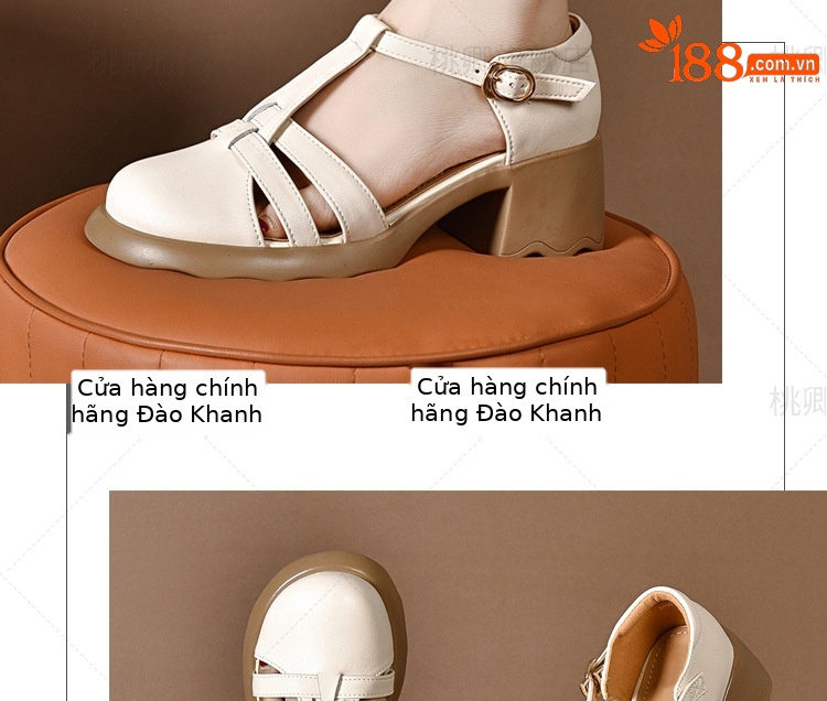 Dép sandal nữ da thật mũi kín quai ngang gót vuông đế dày — Màu đen chi tiết 17