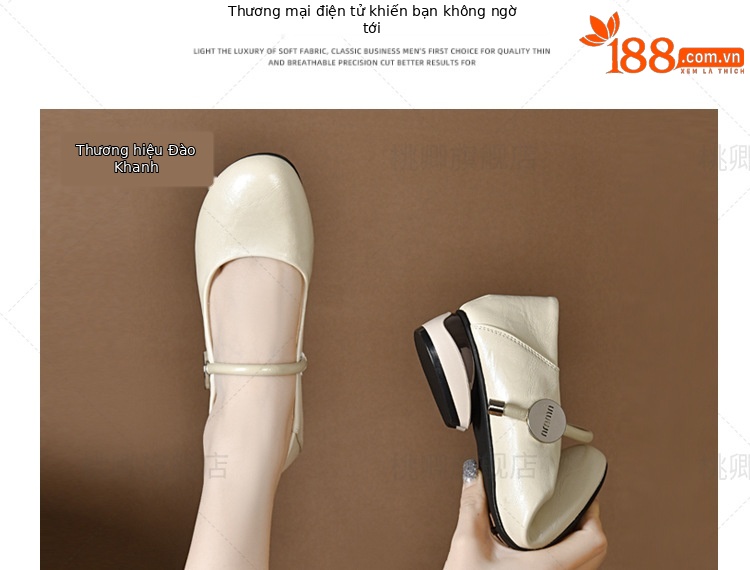 Giày Mary Jane nữ da thật mũi tròn đế mềm gót vuông thấp xỏ chân — Màu nâu chi tiết 5