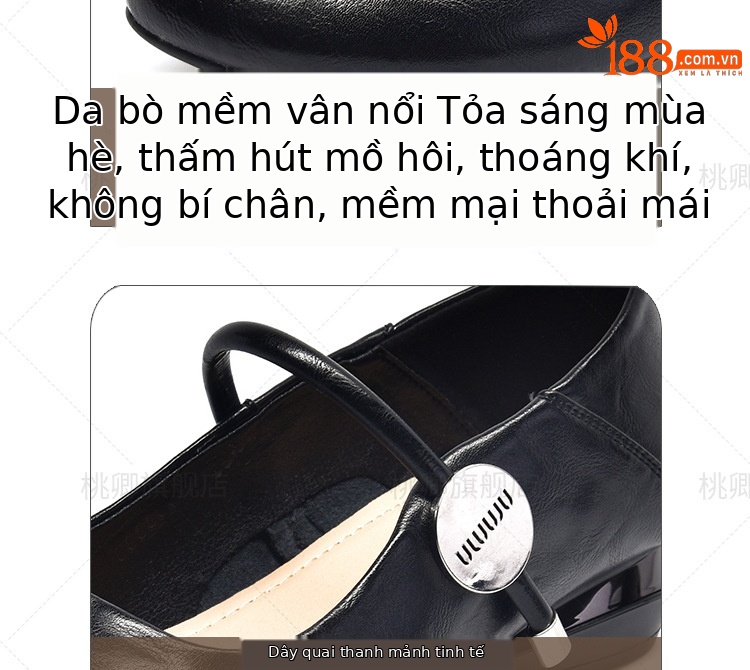 Giày Mary Jane nữ da thật mũi tròn đế mềm gót vuông thấp xỏ chân — Màu nâu chi tiết 9