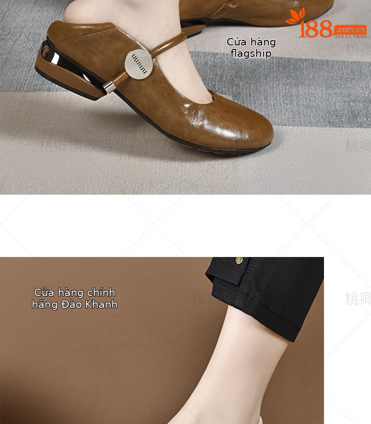 Giày Mary Jane nữ da thật mũi tròn đế mềm gót vuông thấp xỏ chân — Màu nâu chi tiết 15
