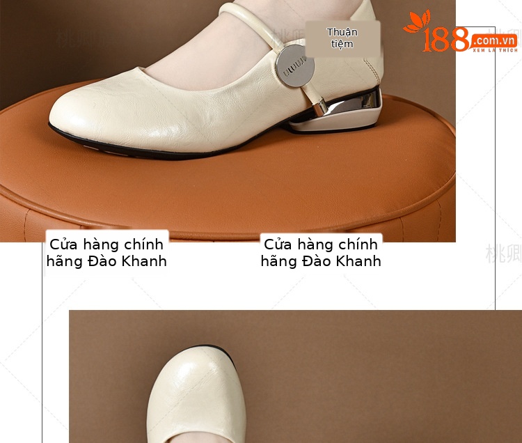 Giày Mary Jane nữ da thật mũi tròn đế mềm gót vuông thấp xỏ chân — Màu nâu chi tiết 16