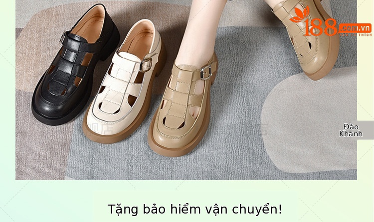 Giày sandal nữ da thật khoét lỗ mũi tròn đế dày bệt phong cách La Mã — Màu đen chi tiết 2