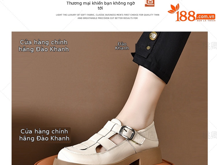 Giày sandal nữ da thật khoét lỗ mũi tròn đế dày bệt phong cách La Mã — Màu đen chi tiết 5