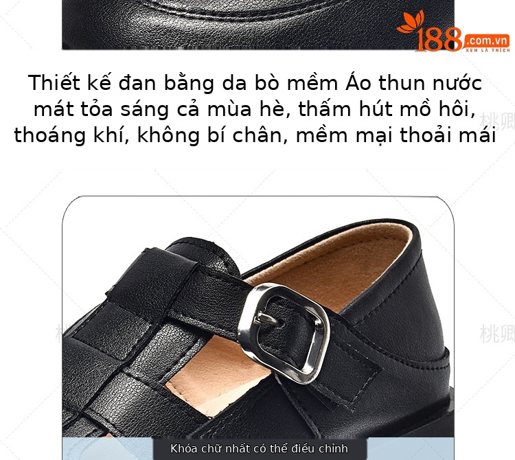 Giày sandal nữ da thật khoét lỗ mũi tròn đế dày bệt phong cách La Mã — Màu đen chi tiết 9
