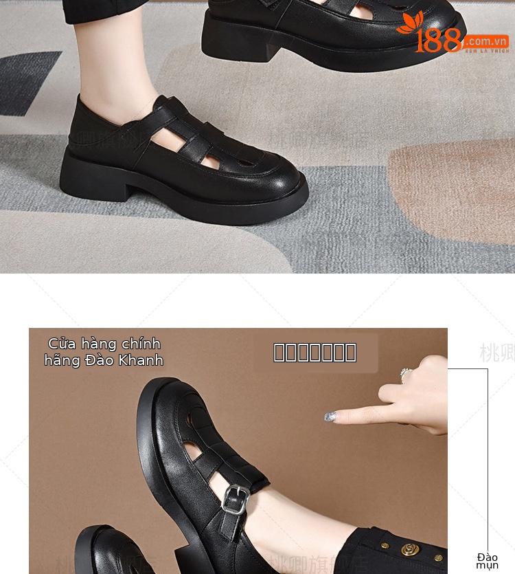 Giày sandal nữ da thật khoét lỗ mũi tròn đế dày bệt phong cách La Mã — Màu đen chi tiết 12