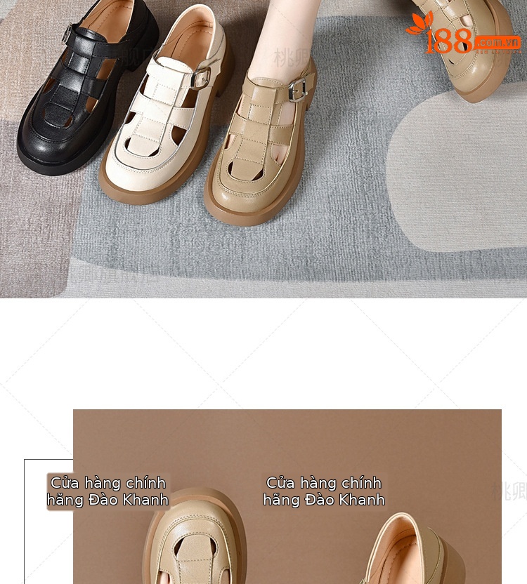 Giày sandal nữ da thật khoét lỗ mũi tròn đế dày bệt phong cách La Mã — Màu đen chi tiết 14