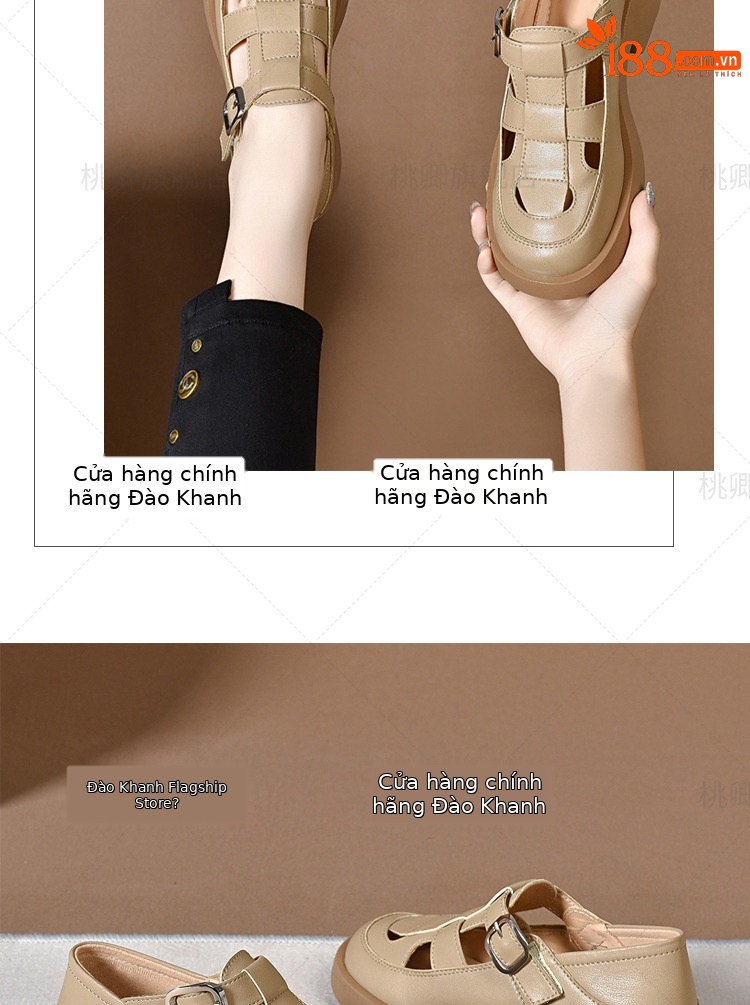 Giày sandal nữ da thật khoét lỗ mũi tròn đế dày bệt phong cách La Mã — Màu đen chi tiết 15