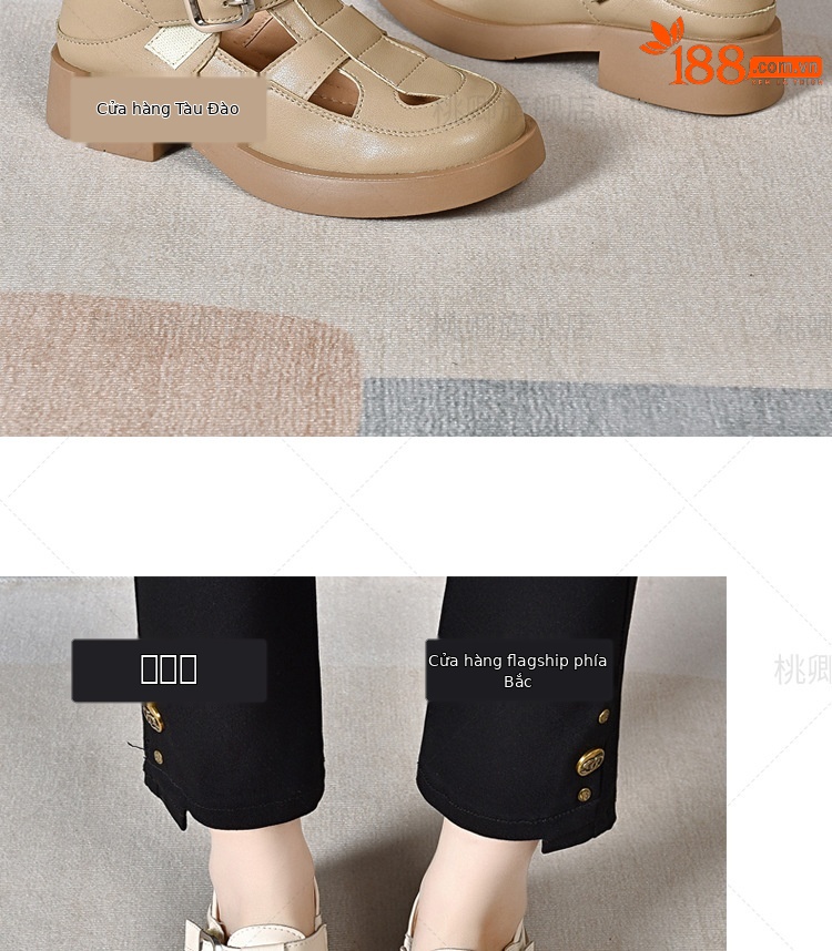 Giày sandal nữ da thật khoét lỗ mũi tròn đế dày bệt phong cách La Mã — Màu đen chi tiết 16