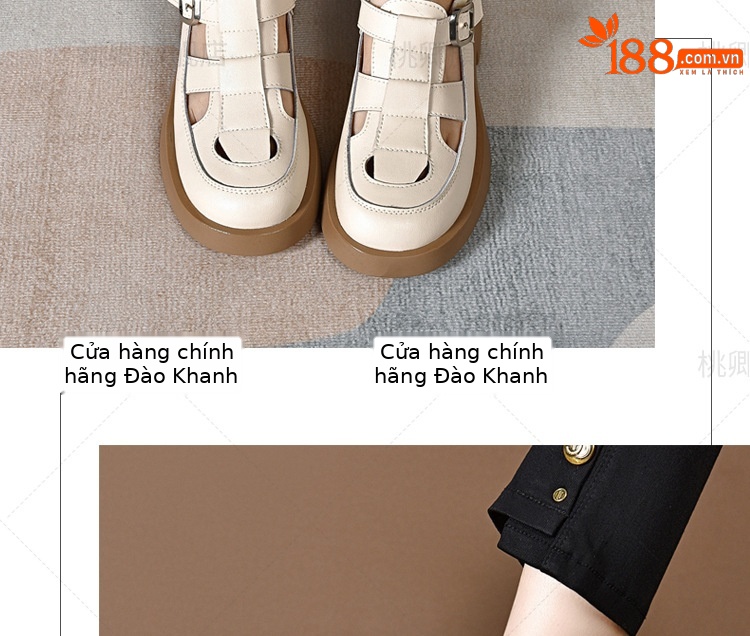 Giày sandal nữ da thật khoét lỗ mũi tròn đế dày bệt phong cách La Mã — Màu đen chi tiết 17