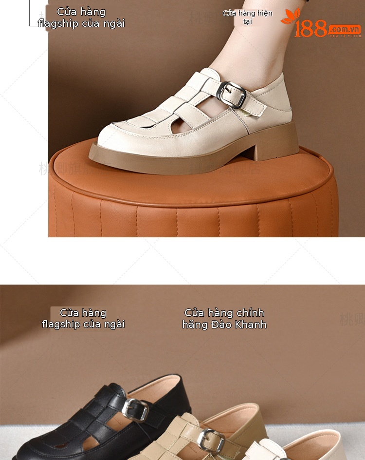 Giày sandal nữ da thật khoét lỗ mũi tròn đế dày bệt phong cách La Mã — Màu đen chi tiết 18