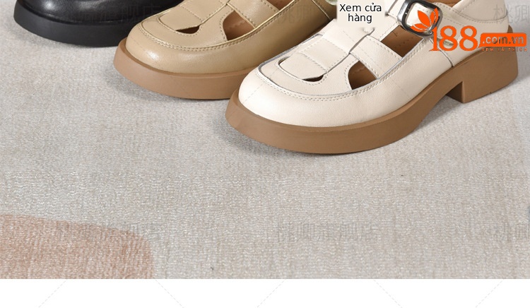 Giày sandal nữ da thật khoét lỗ mũi tròn đế dày bệt phong cách La Mã — Màu đen chi tiết 19