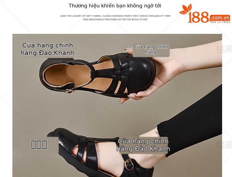 Giày sandal nữ da thật đế dày kiểu Roman khoét lỗ mùa hè — Màu đen chi tiết 5