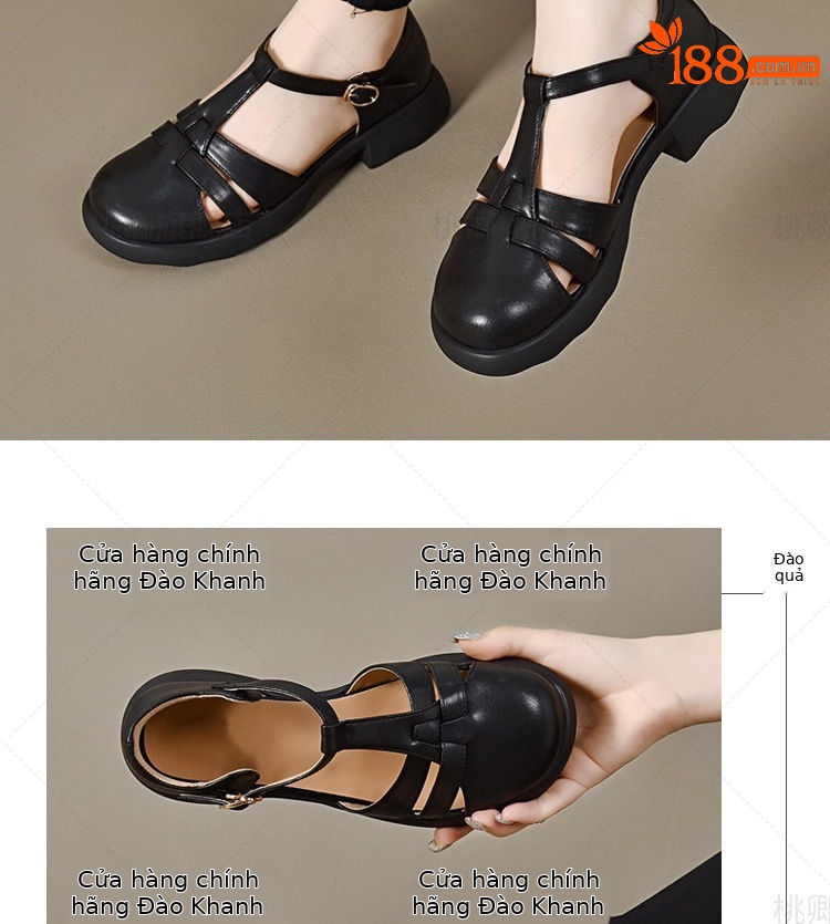 Giày sandal nữ da thật đế dày kiểu Roman khoét lỗ mùa hè — Màu đen chi tiết 12