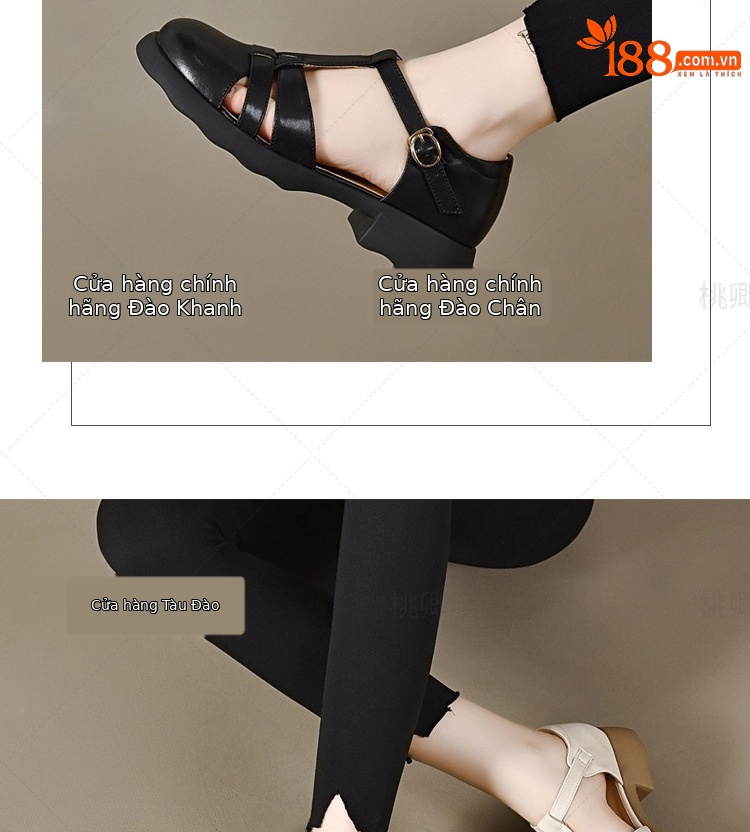 Giày sandal nữ da thật đế dày kiểu Roman khoét lỗ mùa hè — Màu đen chi tiết 13