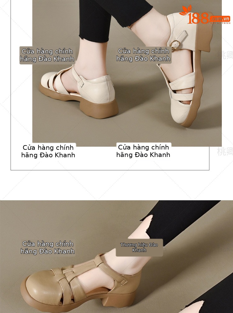 Giày sandal nữ da thật đế dày kiểu Roman khoét lỗ mùa hè — Màu đen chi tiết 15