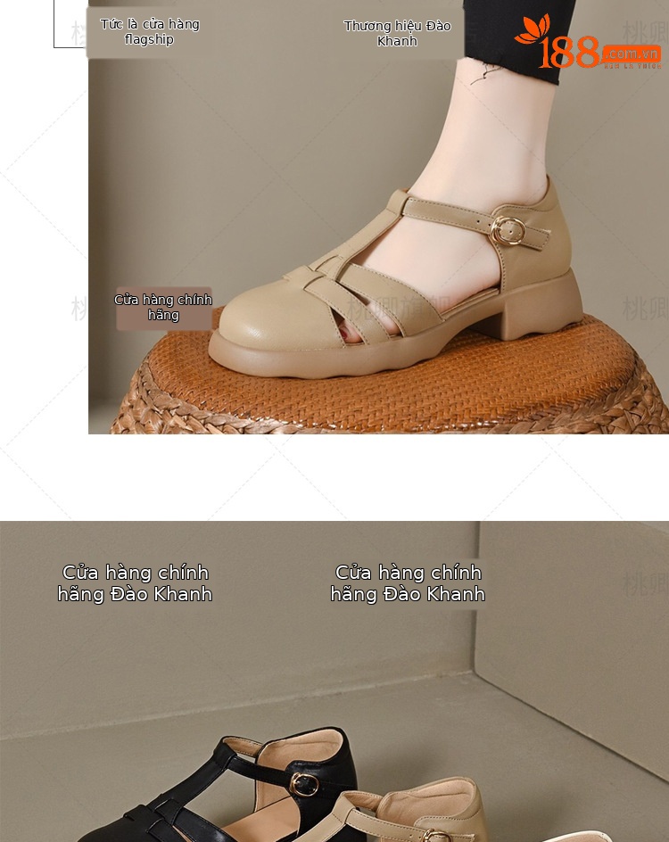 Giày sandal nữ da thật đế dày kiểu Roman khoét lỗ mùa hè — Màu đen chi tiết 18