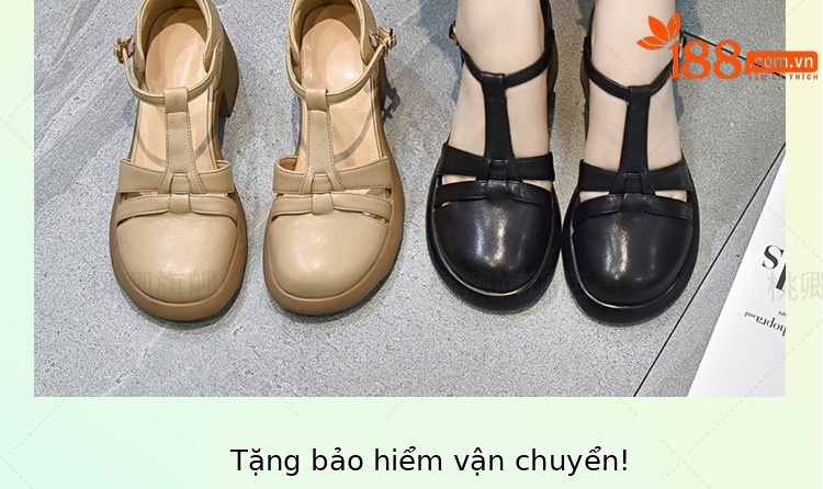 Dép sandal nữ da thật mũi kín gót dày đế xuồng mùa hè — Màu đen chi tiết 2