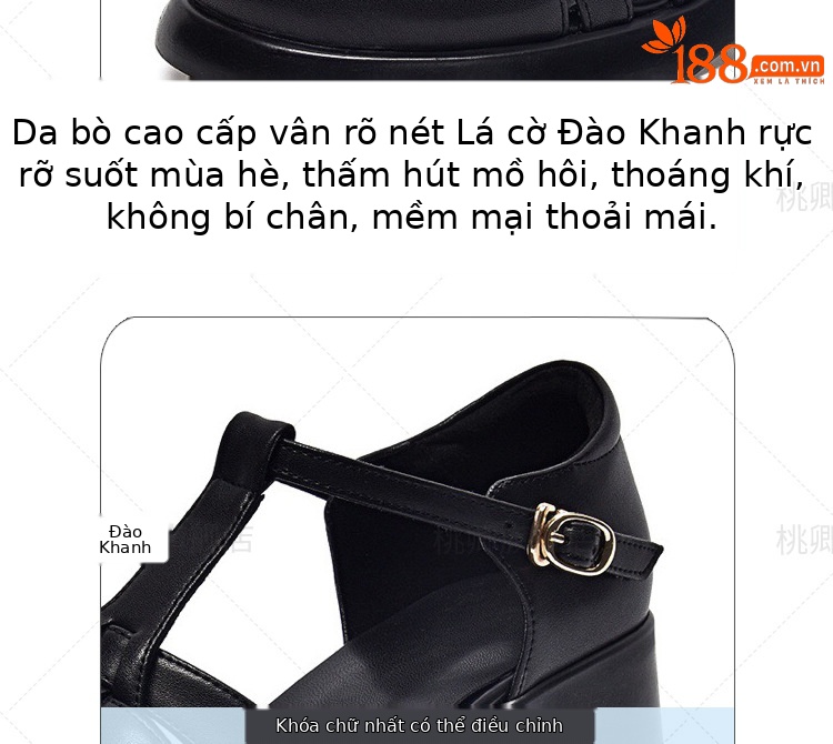 Dép sandal nữ da thật mũi kín gót dày đế xuồng mùa hè — Màu đen chi tiết 9