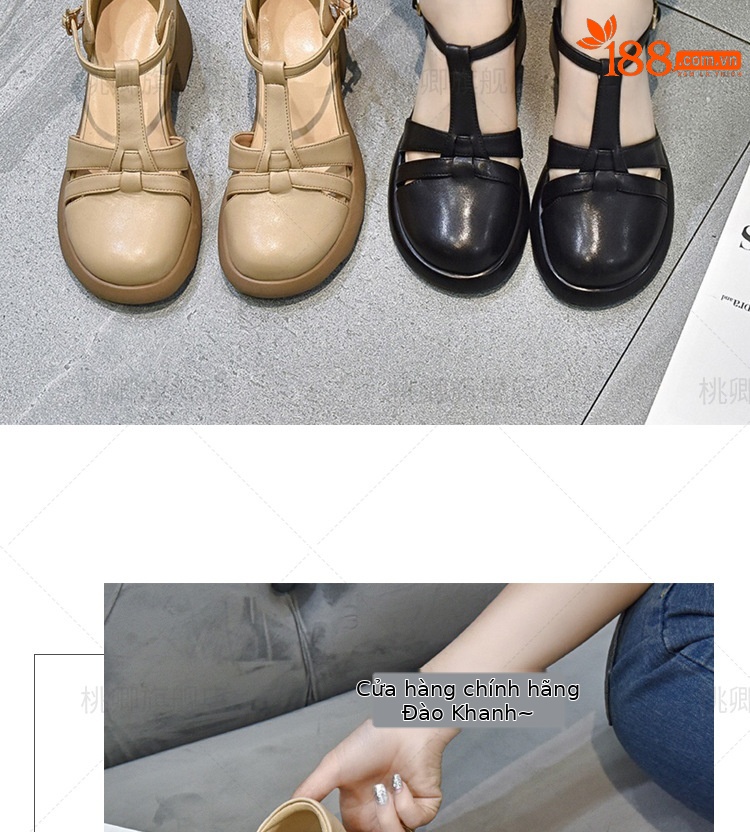 Dép sandal nữ da thật mũi kín gót dày đế xuồng mùa hè — Màu đen chi tiết 14