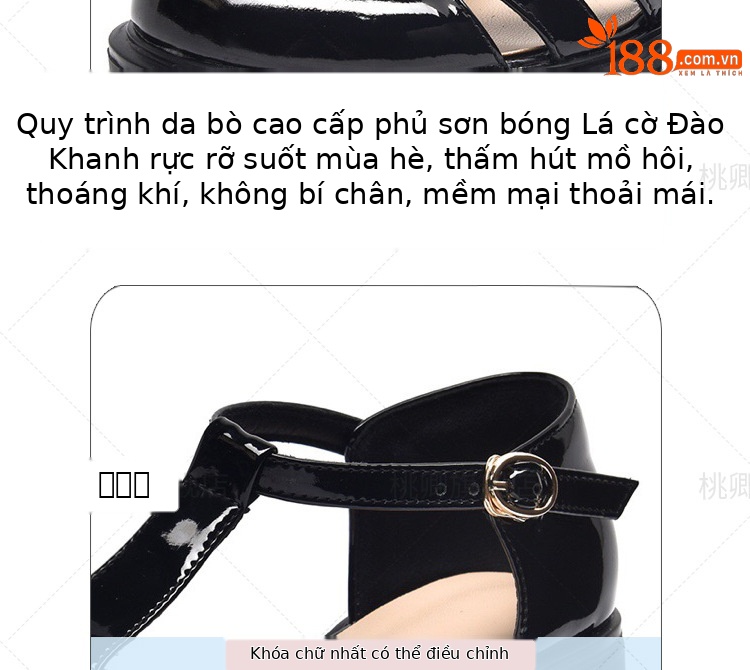 Giày cao gót nữ mũi tròn đế dày gót vuông phong cách La Mã — Màu đen chi tiết 9