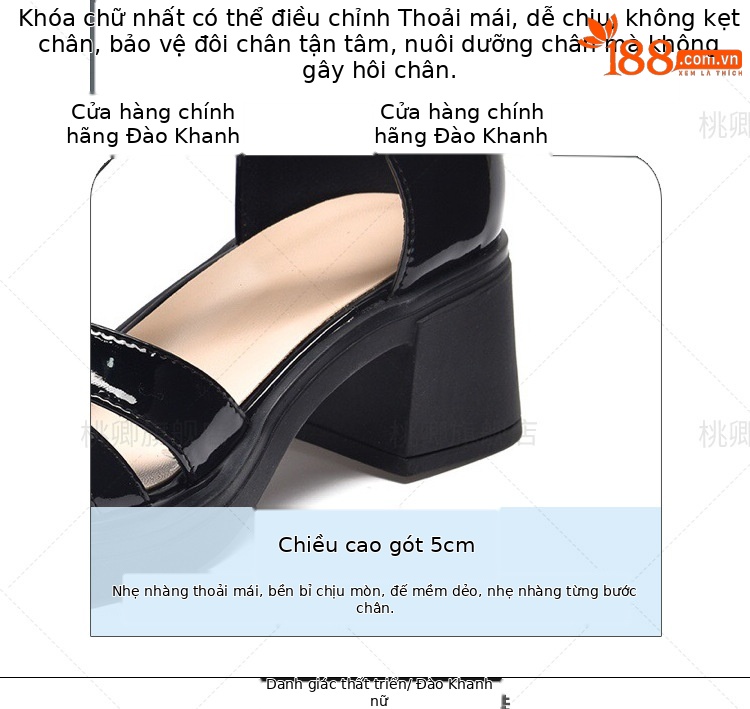 Giày cao gót nữ mũi tròn đế dày gót vuông phong cách La Mã — Màu đen chi tiết 10