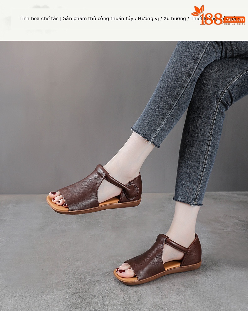 Giày lười nữ mũi vuông da bò đế bằng quai Velcro — Màu nâu chi tiết 1