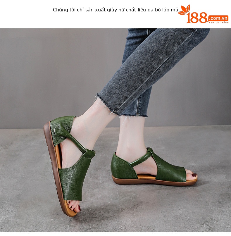 Giày lười nữ mũi vuông da bò đế bằng quai Velcro — Màu nâu chi tiết 2